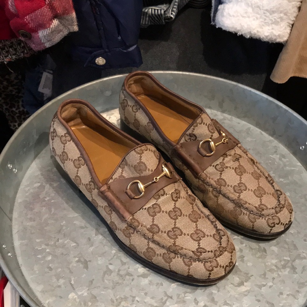 Vintage Gucci Brown Monogram GG Horsebit Loafers